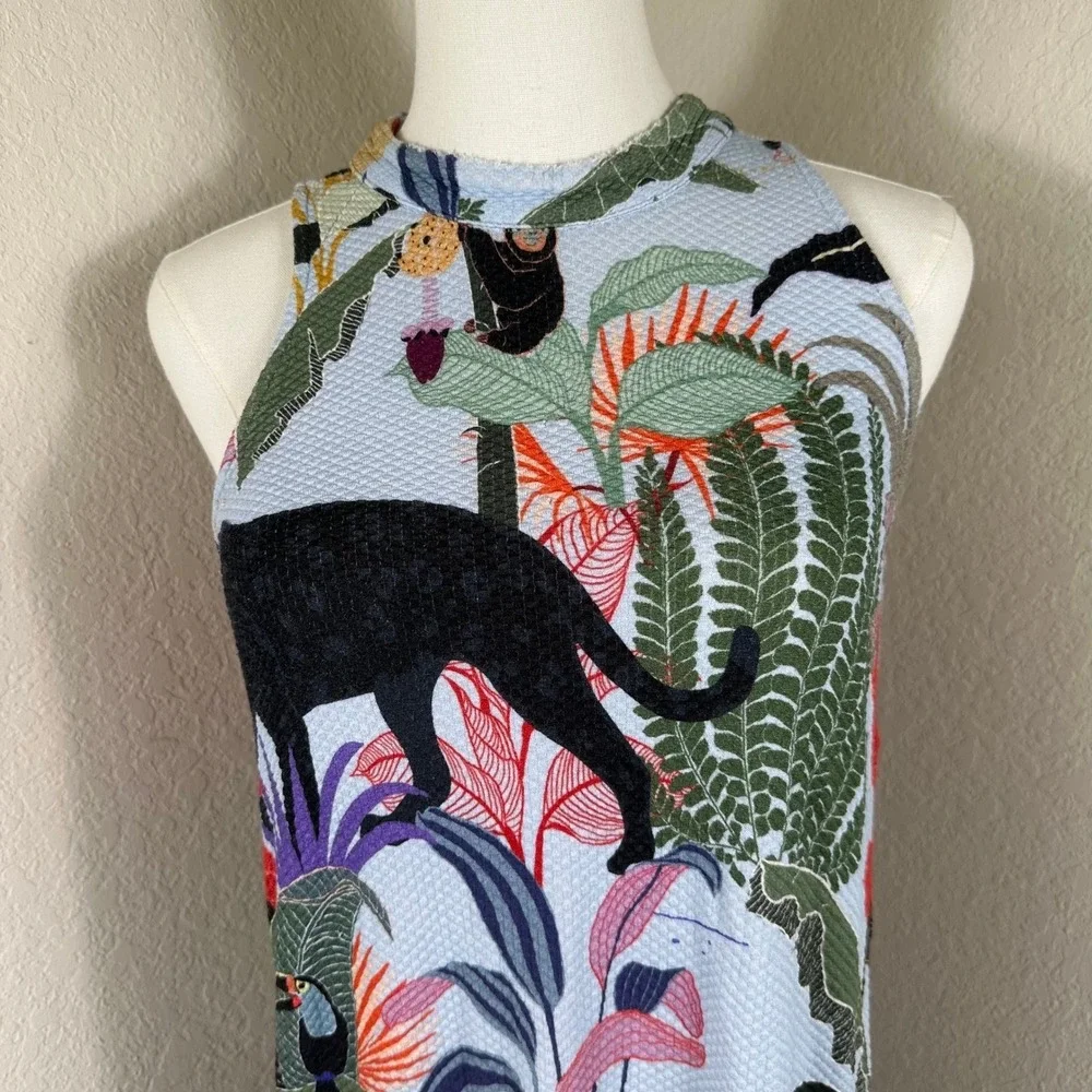 Anthropologie Farm Rio‎ Halter Mini Dress M Blue Tropical Jungle Animal Print